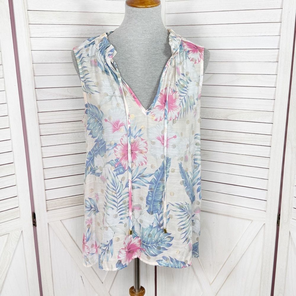 Harve Bernard Tropical Print Tie Neck Sleeveless Blouse White Multi Medium